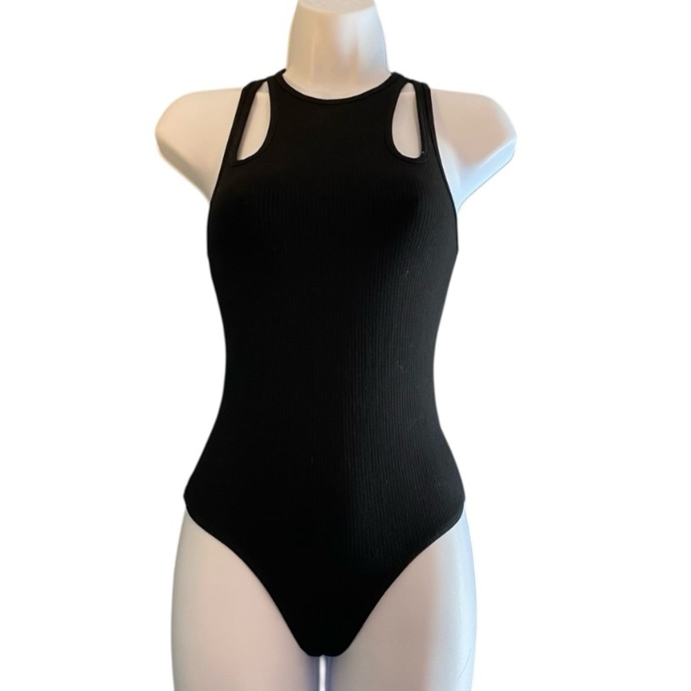NWT Astr Cutout Racerback Sleeveless Black Ribbed Keyhole Bodysuit Sz XS